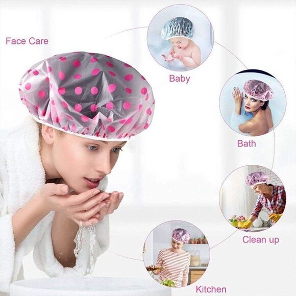 GRAY Polka Dot Plastic Shower Cap Hair Cover Waterproof Reusable Elastic - Picture 4 of 6